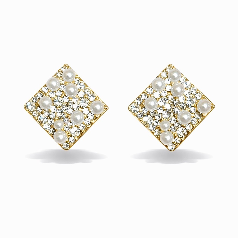 Trendy Gold and Pearl Square Clip-On Earrings